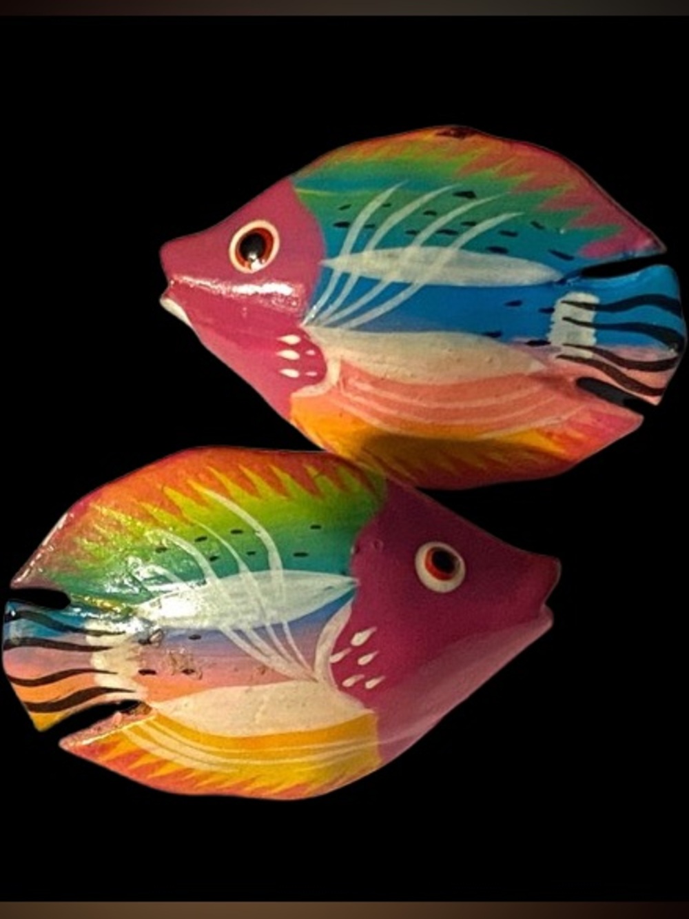 Vintage Colorful Wooden Hand Crafted Earrings Pierced Tropical Fish Design